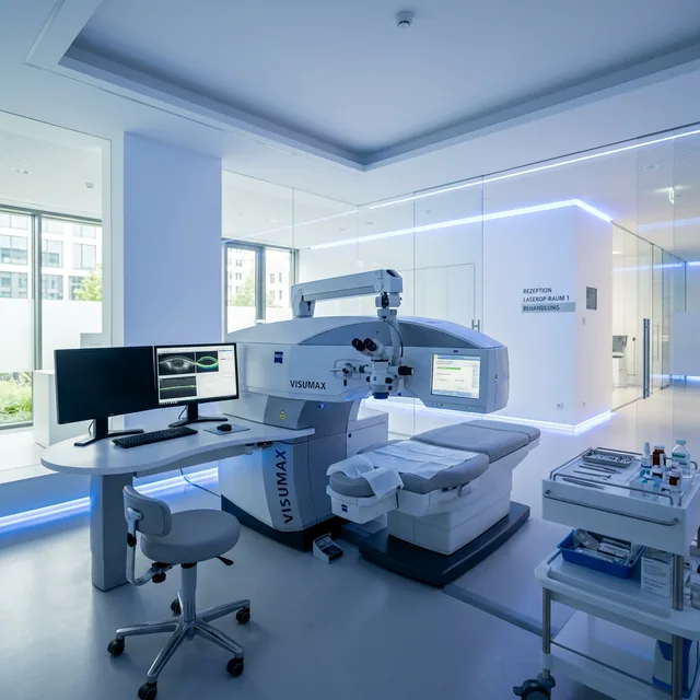 Modernes Augenlaserzentrum mit VisuMax-Lasergerät und blauen Ambientlicht-Akzenten